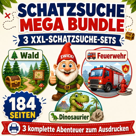 Schatzsuche Mega Bundle XXL von ZwergeZauber mit Wald-, Feuerwehr- und Dino-Schatzsuche, 184 Seiten PDF zum Ausdrucken.