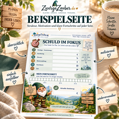 Beispielseite Schuld im Fokus aus dem ZwergeZauber Schuldenabbau-Tracker mit Feldern für Startbetrag, Zinssatz, Mindestzahlung und Tilgungsfortschritt