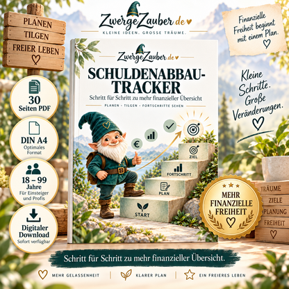 Schuldenabbau-Tracker von ZwergeZauber als 30-seitiger DIN-A4 Finanzplaner PDF mit Zwicki zum Schulden planen, tilgen und Fortschritte verfolgen