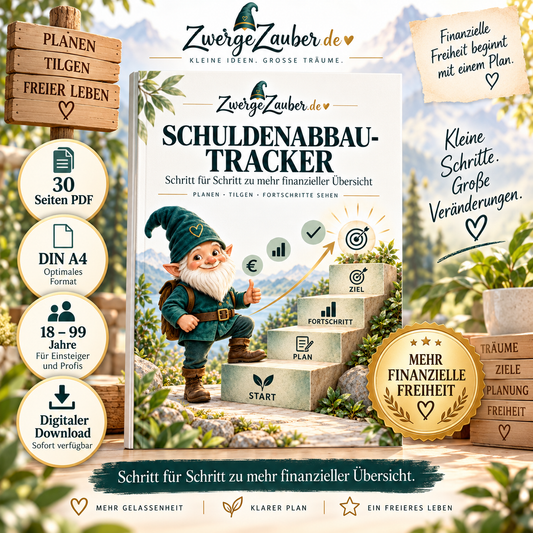 Schuldenabbau-Tracker von ZwergeZauber als 30-seitiger DIN-A4 Finanzplaner PDF mit Zwicki zum Schulden planen, tilgen und Fortschritte verfolgen