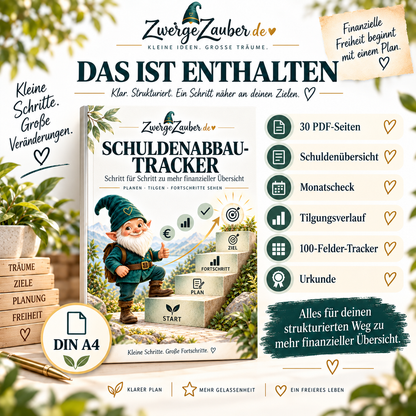 30 Seiten Schuldenabbau-Tracker PDF mit Schuldenübersicht, Monatscheck, Tilgungsverlauf, 100-Felder-Tracker und Urkunde von ZwergeZauber