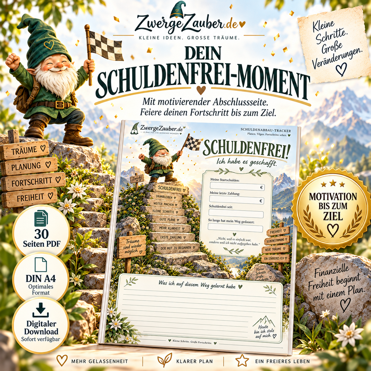 Motivierende Abschlussseite Schuldenfrei-Moment im ZwergeZauber Schuldenabbau-Tracker zum Dokumentieren des persönlichen finanziellen Erfolgs