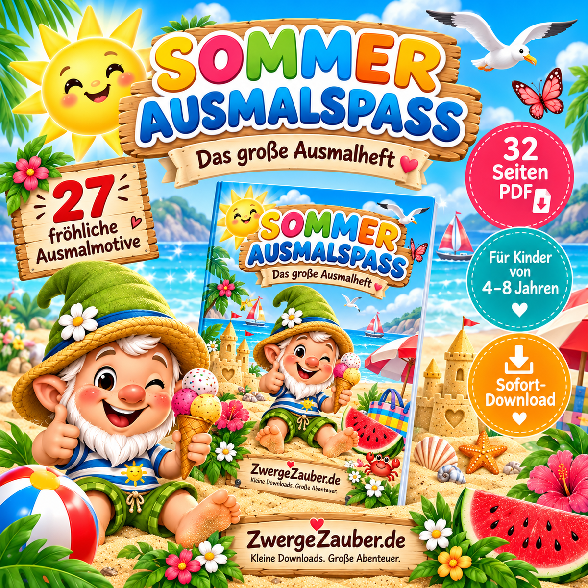 Sommer Ausmalspaß für Kinder von 4–8 Jahren mit 27 Ausmalmotiven auf 32 Seiten als PDF Sofort-Download