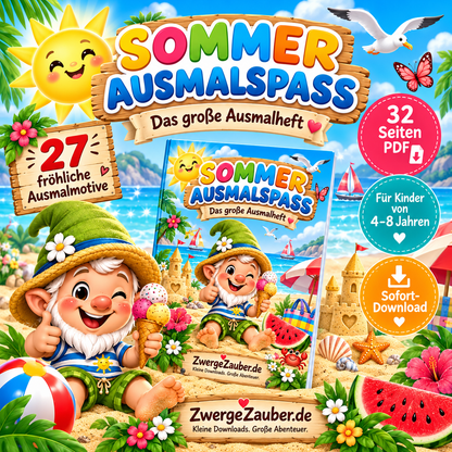 Sommer Ausmalspaß für Kinder von 4–8 Jahren mit 27 Ausmalmotiven auf 32 Seiten als PDF Sofort-Download