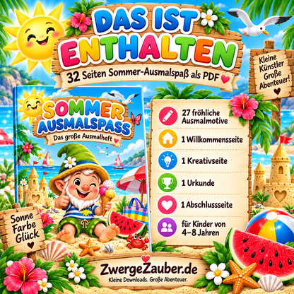 Sommer Ausmalspaß PDF mit 32 Seiten, 27 Ausmalmotiven, Kreativseite, Urkunde und Abschlussseite für Kinder