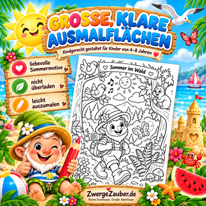 Kindgerechte Sommer Ausmalbilder mit großen klaren Ausmalflächen und liebevollen Motiven für Kinder von 4–8 Jahren