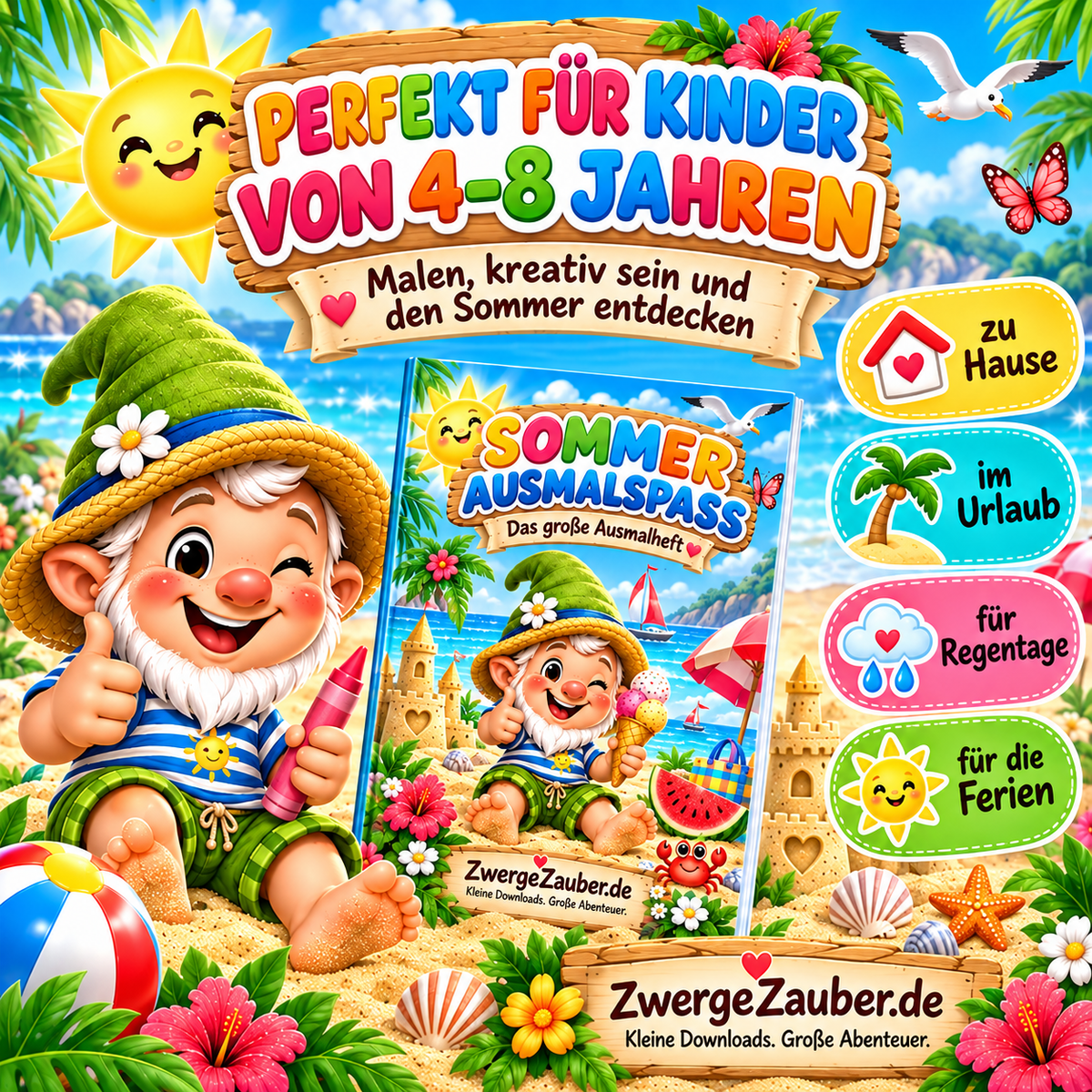 Sommer Ausmalheft für Kinder von 4–8 Jahren zum Malen zu Hause, im Urlaub, an Regentagen und in den Ferien