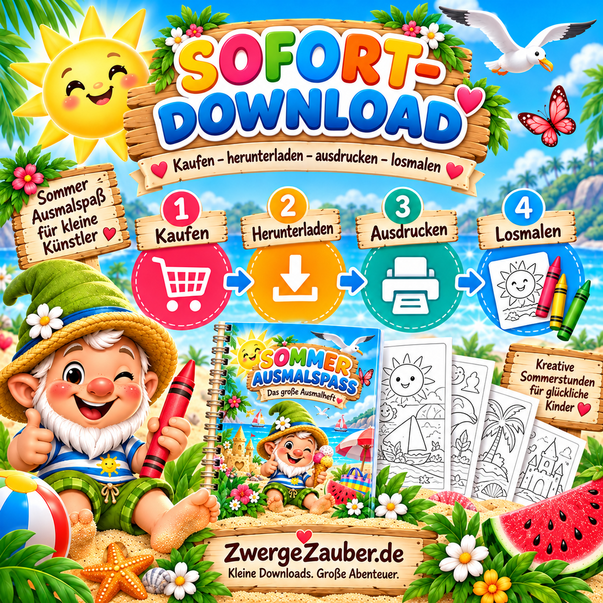 Sommer Ausmalspaß als PDF Sofort-Download kaufen, herunterladen, ausdrucken und direkt mit dem Ausmalen beginnen