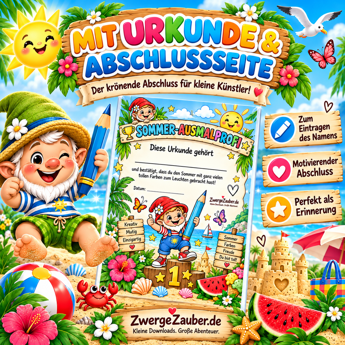 Sommer Ausmalspaß mit Sommer-Ausmalprofi Urkunde und liebevoll gestalteter Abschlussseite für kleine Künstler