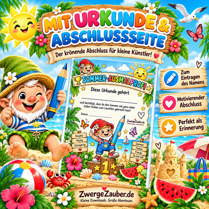 Sommer Ausmalspaß mit Sommer-Ausmalprofi Urkunde und liebevoll gestalteter Abschlussseite für kleine Künstler
