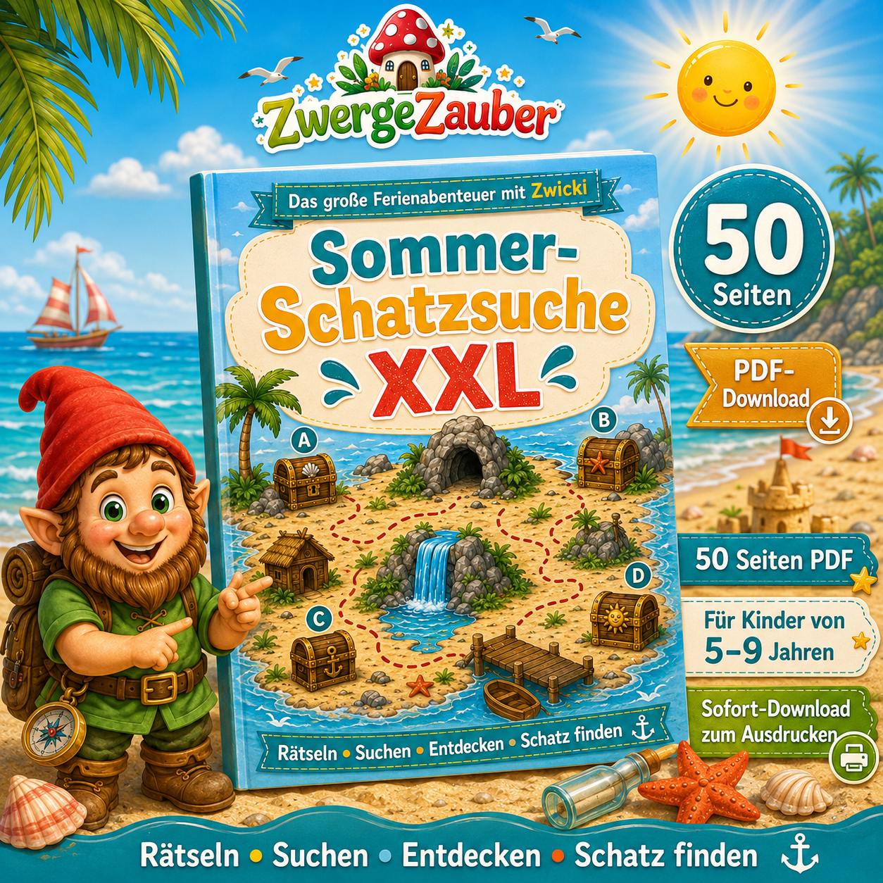 Sommer-Schatzsuche XXL für Kinder von 5–9 Jahren mit 50 Seiten Rätseln, Abenteuern und Zwicki als PDF