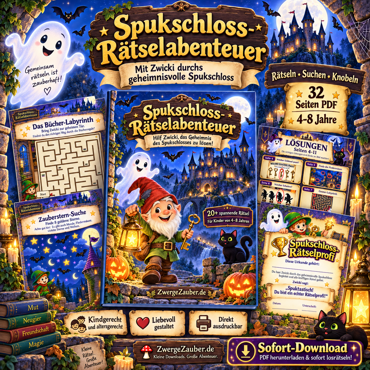 Spukschloss-Rätselabenteuer von ZwergeZauber als 32-seitiges PDF für Kinder von 4 bis 8 Jahren mit Zwicki, Rätseln und Halloween-Abenteuer