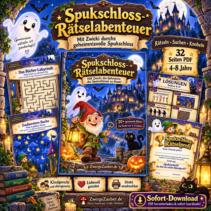 Spukschloss-Rätselabenteuer von ZwergeZauber als 32-seitiges PDF für Kinder von 4 bis 8 Jahren mit Zwicki, Rätseln und Halloween-Abenteuer