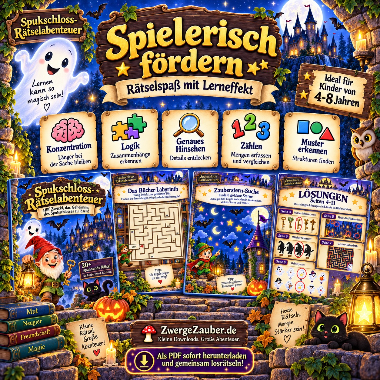 Spielerischer Rätselspaß mit Konzentration, Logik, genauem Hinsehen, Zählen und Mustererkennung im Spukschloss-Abenteuer für Kinder