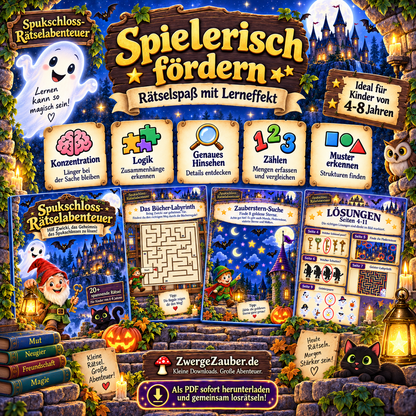 Spielerischer Rätselspaß mit Konzentration, Logik, genauem Hinsehen, Zählen und Mustererkennung im Spukschloss-Abenteuer für Kinder