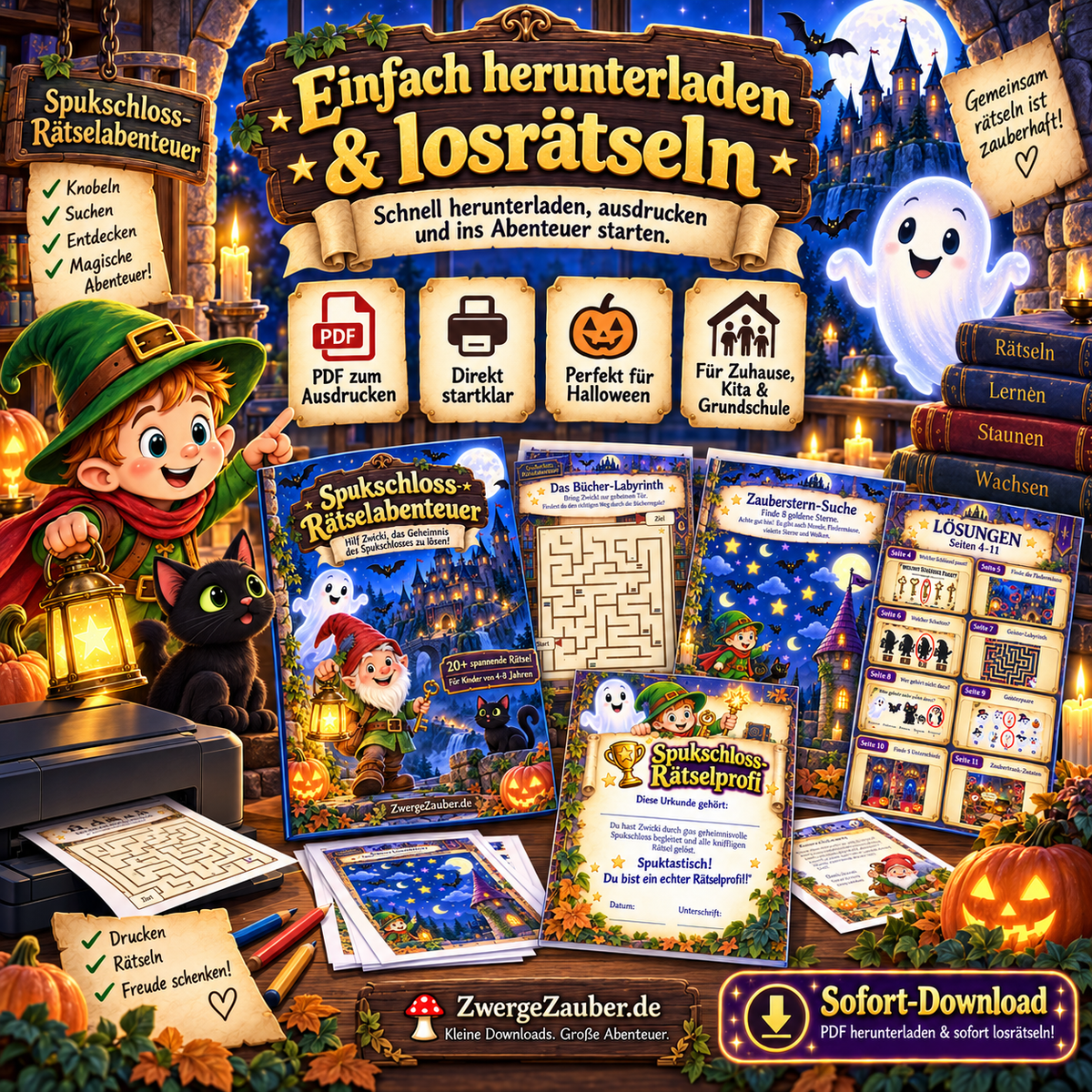 Spukschloss-Rätselabenteuer als A4 PDF zum Sofort-Download, Ausdrucken und Losrätseln für Zuhause, Kita und Grundschule