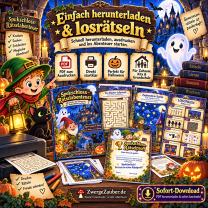 Spukschloss-Rätselabenteuer als A4 PDF zum Sofort-Download, Ausdrucken und Losrätseln für Zuhause, Kita und Grundschule