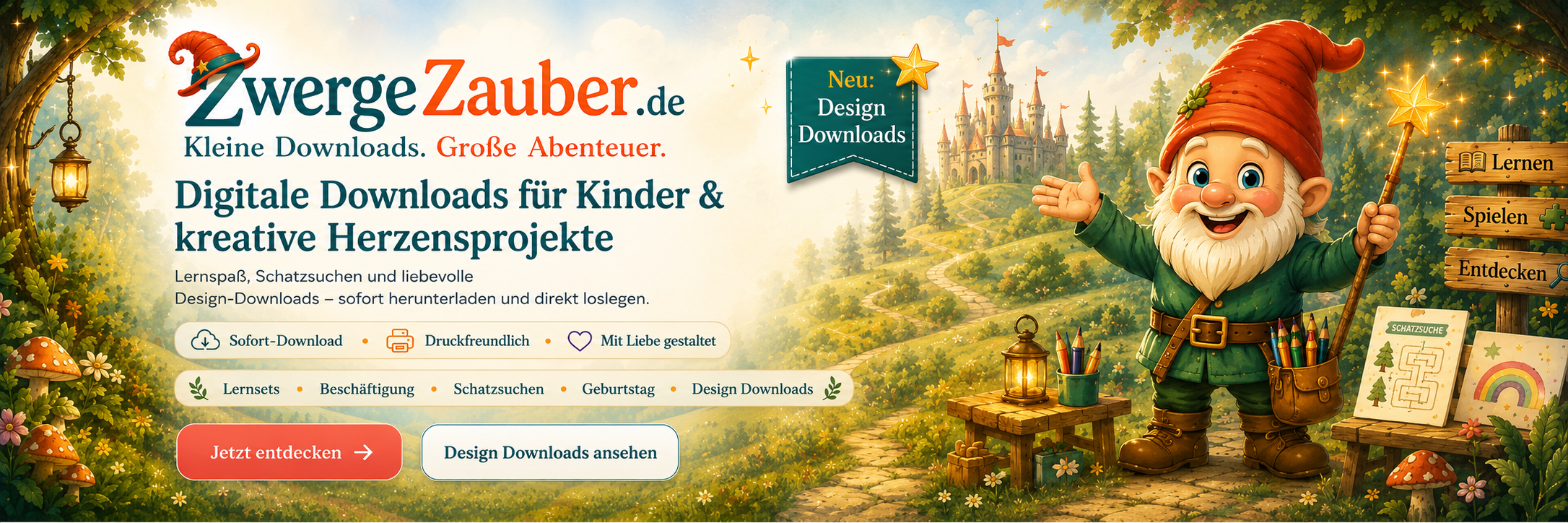 ZwergeZauber Banner mit Zwicki für digitale Downloads, Lernsets, Schatzsuchen und kreative Design Downloads für Kinder