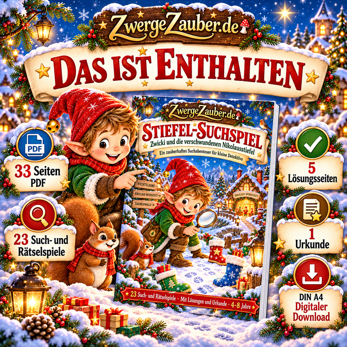 Inhalt des ZwergeZauber Stiefel-Suchspiels: 33 PDF-Seiten, 23 Such- und Rätselspiele, fünf Lösungsseiten und eine Detektivurkunde.