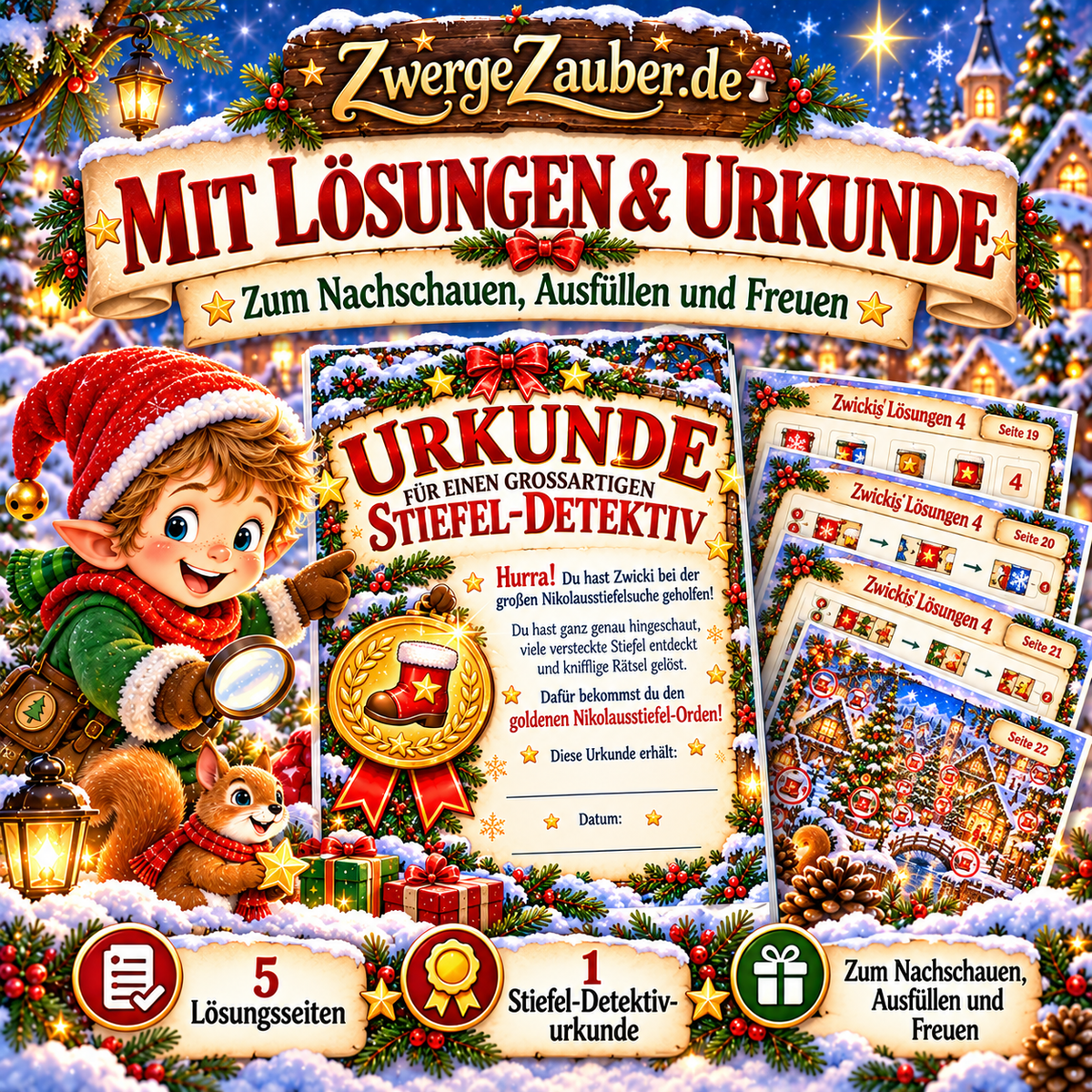 ZwergeZauber Nikolaus-Stiefel-Suchspiel mit fünf Lösungsseiten und persönlicher Stiefel-Detektivurkunde zum Ausdrucken.