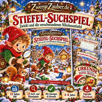 ZwergeZauber Stiefel-Suchspiel mit Zwicki – 33 Seiten Nikolaus-Suchspaß mit 23 Rätselspielen für Kinder von 4 bis 8 Jahren als PDF.