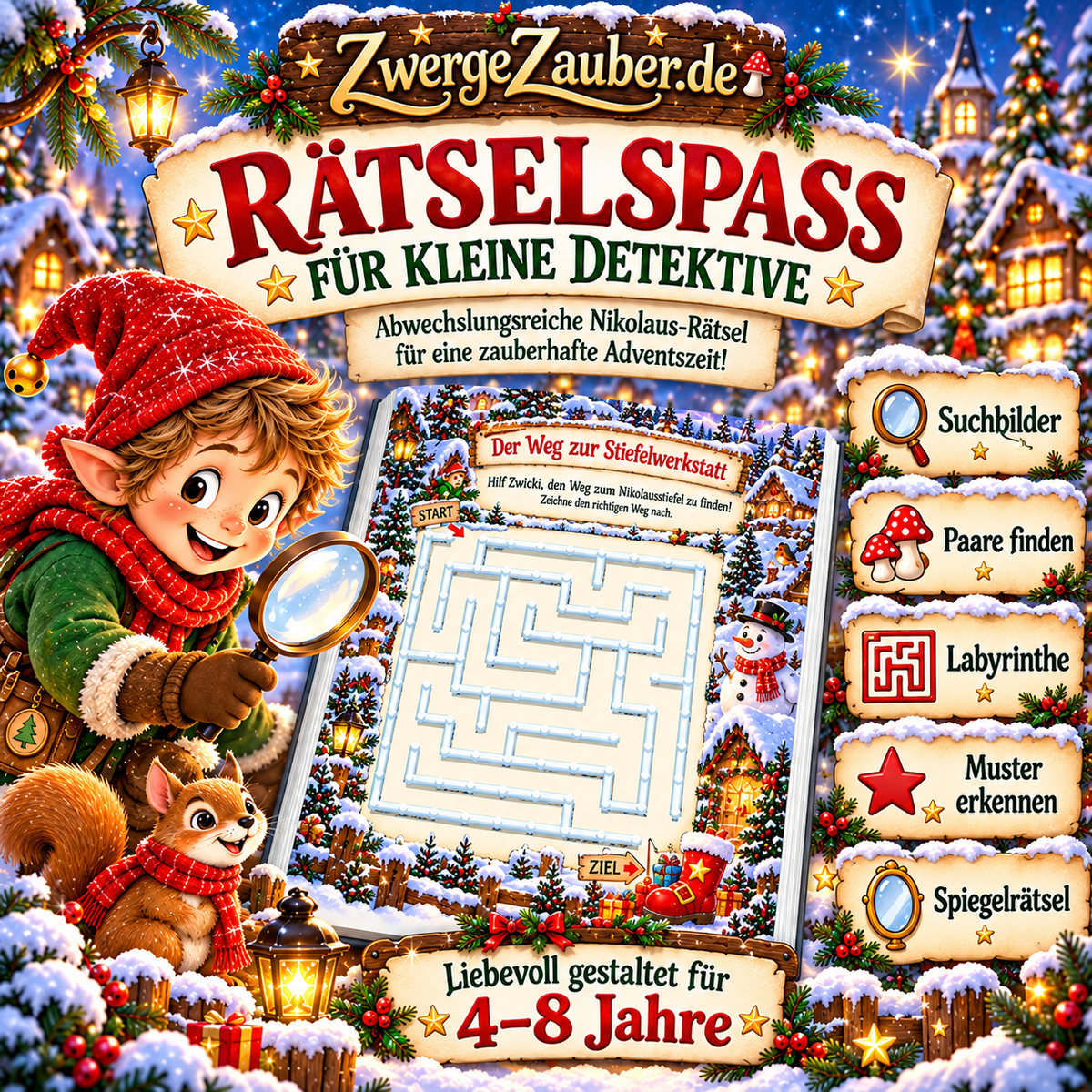 Nikolaus-Rätselspaß für Kinder von 4 bis 8 Jahren mit Suchbildern, Labyrinthen, Stiefelpaaren, Mustererkennung und Spiegelrätseln.