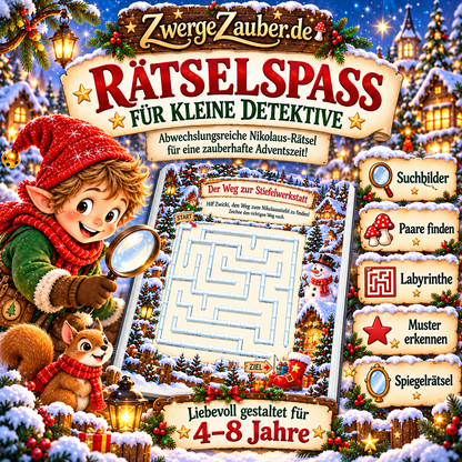Nikolaus-Rätselspaß für Kinder von 4 bis 8 Jahren mit Suchbildern, Labyrinthen, Stiefelpaaren, Mustererkennung und Spiegelrätseln.