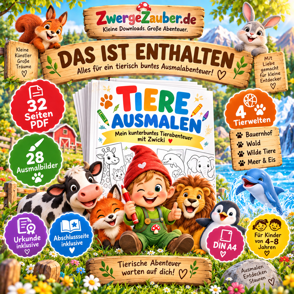 Tiere ausmalen Kinder PDF mit 32 Seiten, 28 Ausmalbildern, vier Tierwelten, Urkunde und Abschlussseite
