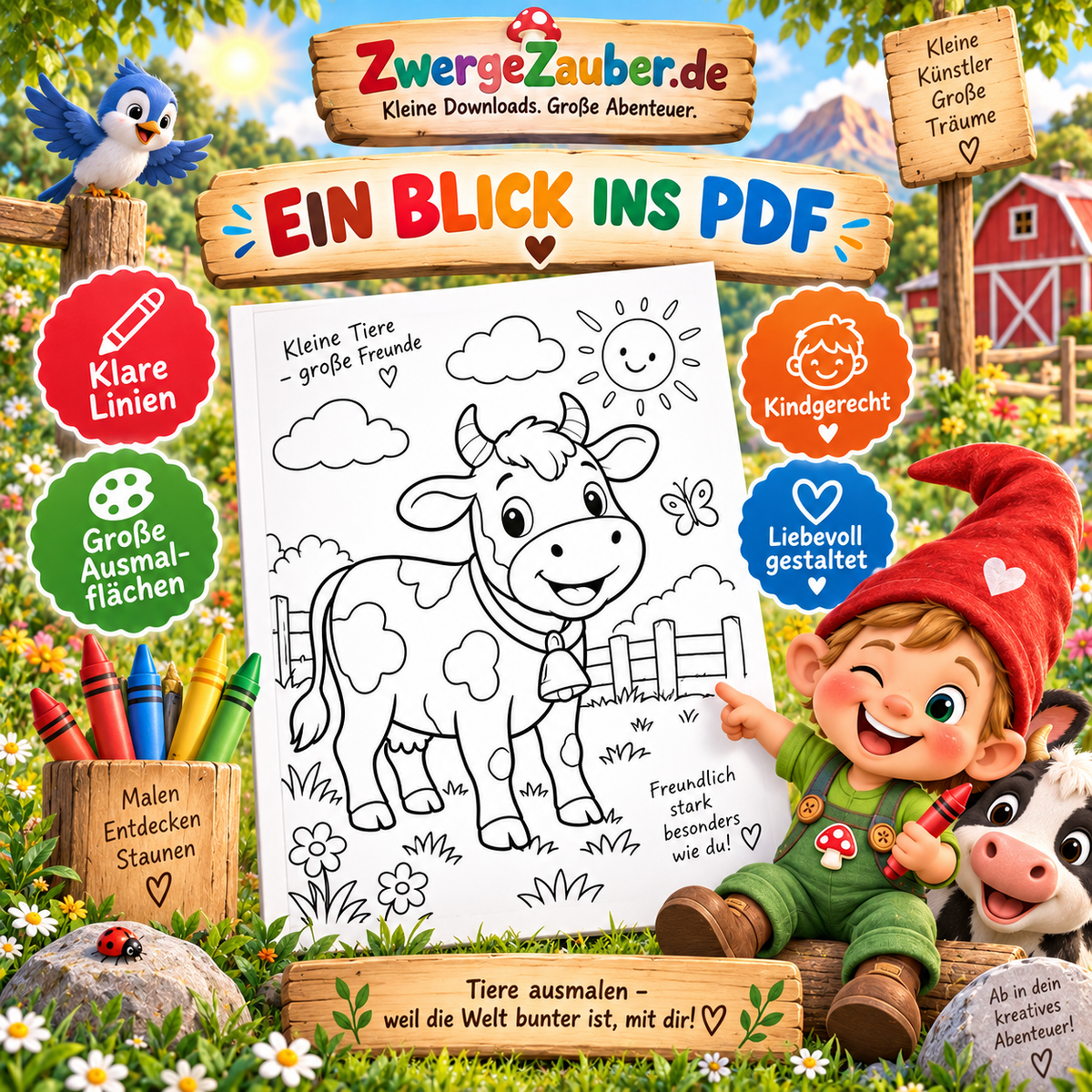 Vorschau auf ein kindgerechtes Tier-Ausmalbild mit klaren Linien und großen Ausmalflächen für Kinder