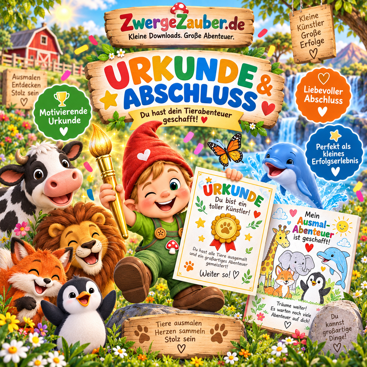 Tier-Ausmalbuch für Kinder mit motivierender Tier-Malkünstler-Urkunde und liebevoll gestalteter Abschlussseite