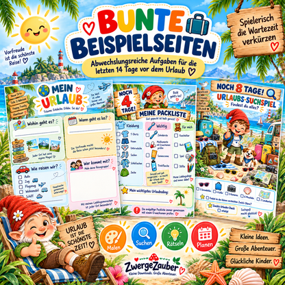 Beispielseiten aus Mein Urlaubs-Countdown mit Packliste, Urlaubssuchspiel, Reiseplanung und kindgerechten Rätseln