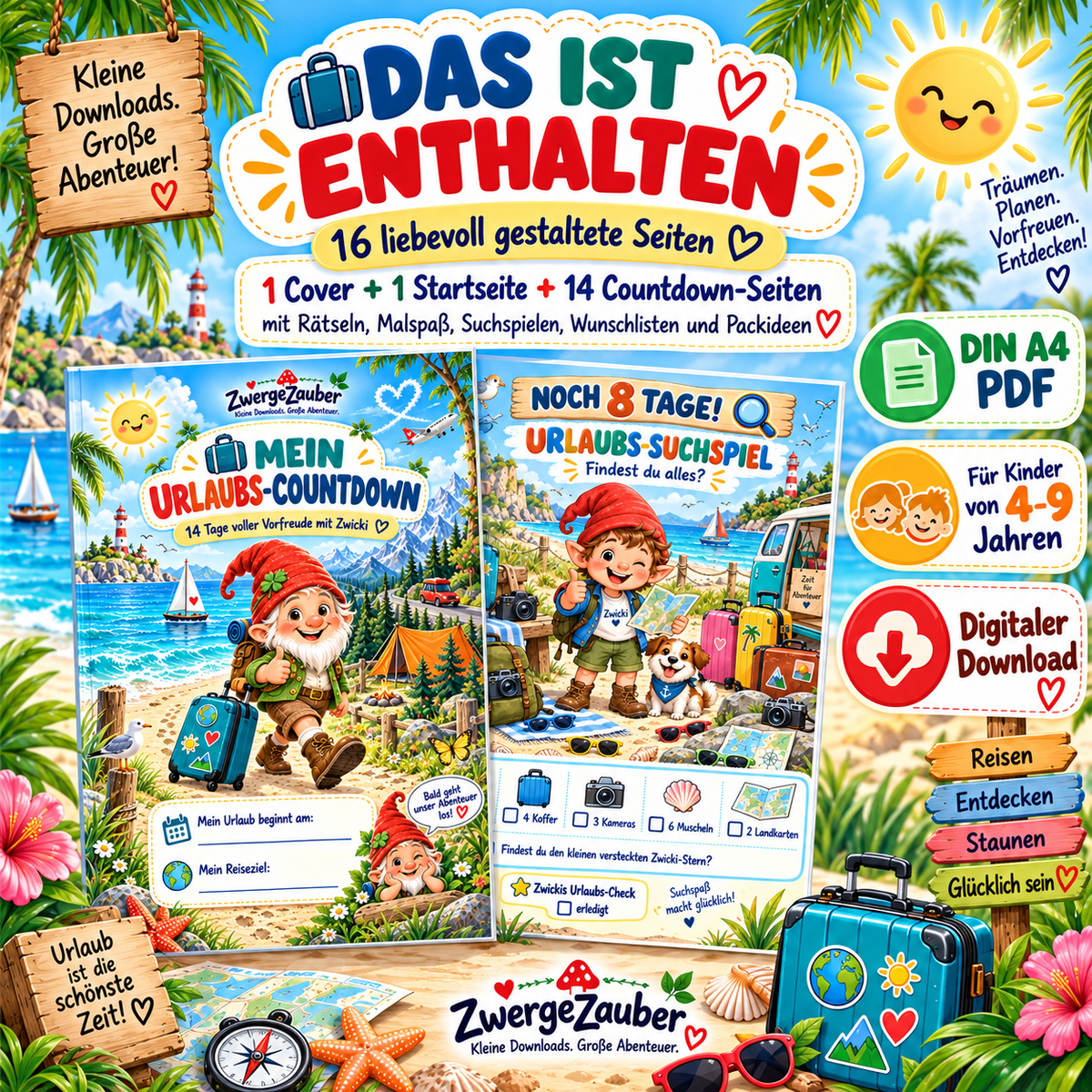 Urlaubs-Countdown für Kinder mit 16 liebevoll gestalteten Seiten, Rätseln, Malspaß, Suchspielen, Wunschlisten und Packideen