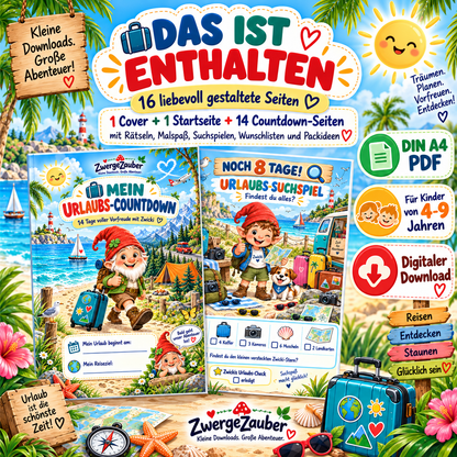 Urlaubs-Countdown für Kinder mit 16 liebevoll gestalteten Seiten, Rätseln, Malspaß, Suchspielen, Wunschlisten und Packideen