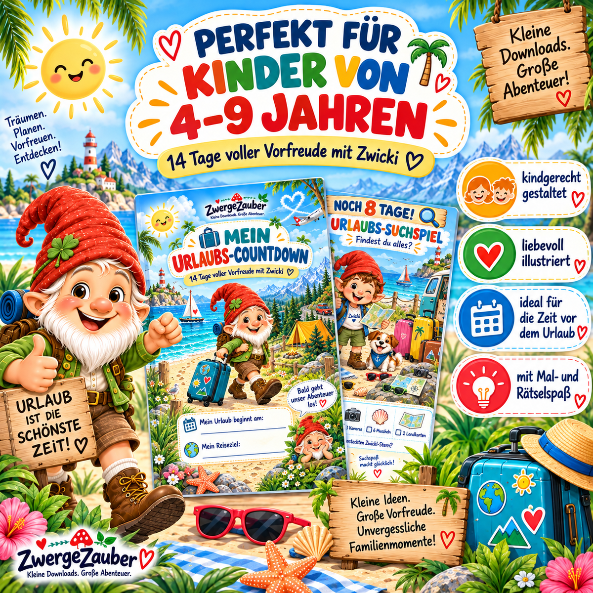 Urlaubs-Countdown für Kinder von 4 bis 9 Jahren mit Zwicki, Mal- und Rätselspaß für die letzten 14 Tage vor dem Urlaub