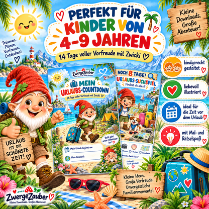Urlaubs-Countdown für Kinder von 4 bis 9 Jahren mit Zwicki, Mal- und Rätselspaß für die letzten 14 Tage vor dem Urlaub