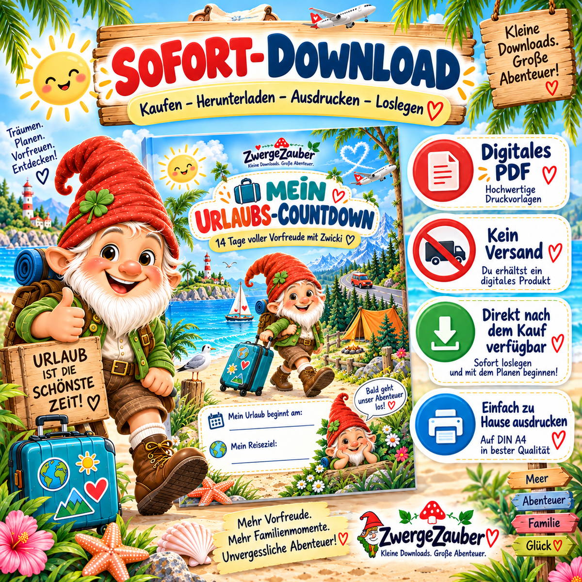 Digitaler Urlaubs-Countdown als PDF Sofort-Download in DIN A4 – herunterladen, ausdrucken und direkt mit dem Countdown starten