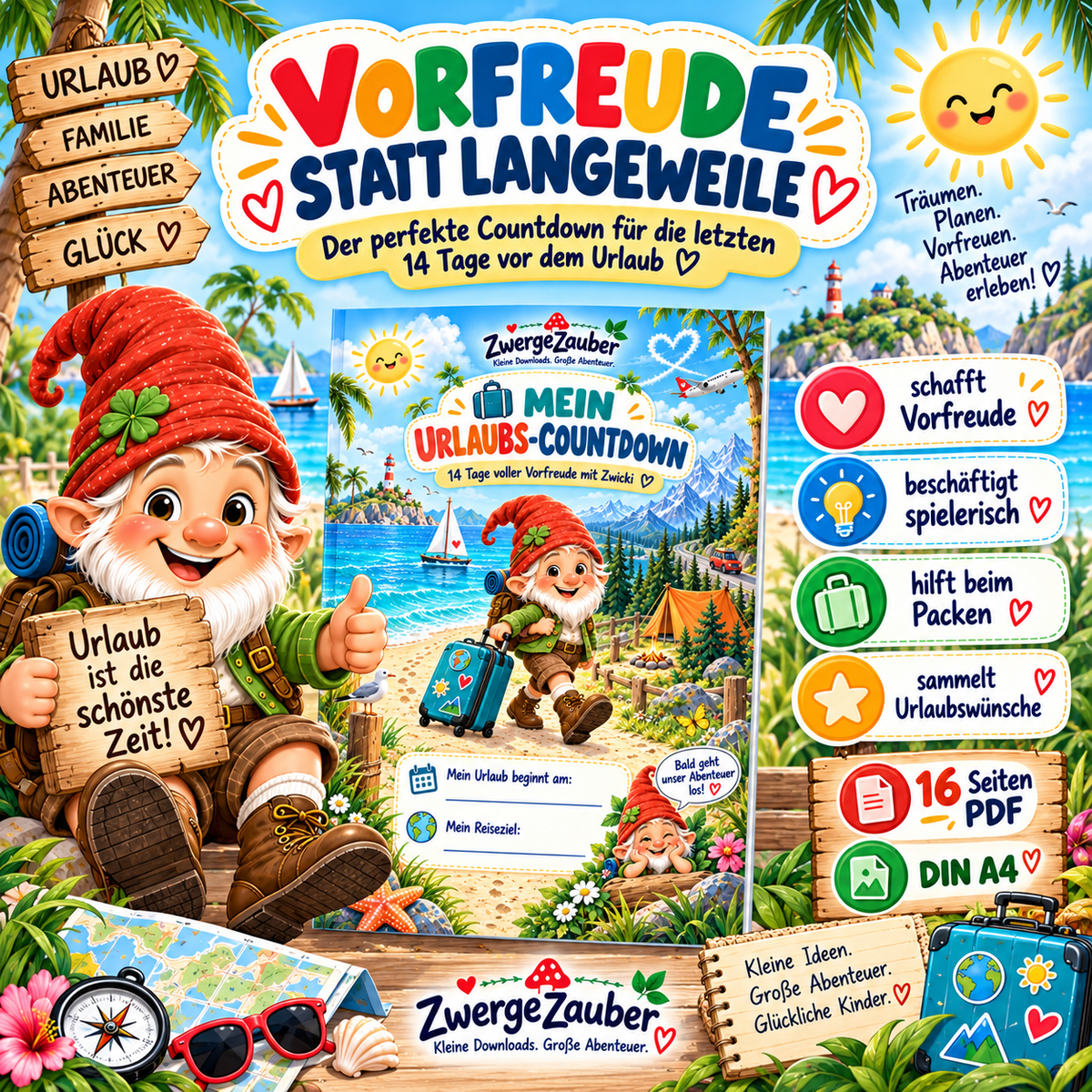 Mein Urlaubs-Countdown für Kinder – Vorfreude statt Langeweile mit spielerischen Aufgaben, Packideen und Urlaubswünschen auf 16 Seiten