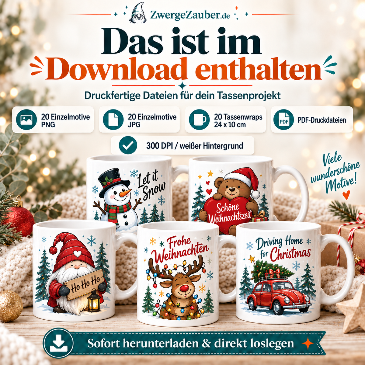 Inhalt des Weihnachten Tassendesign Bundles mit 20 Motiven, PNG, JPG, PDF und Tassenwraps in 300 DPI