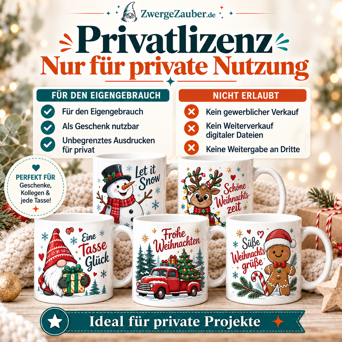 Privatlizenz für das Weihnachten Tassendesign Bundle mit verschiedenen Weihnachtsmotiven für private Tassenprojekte