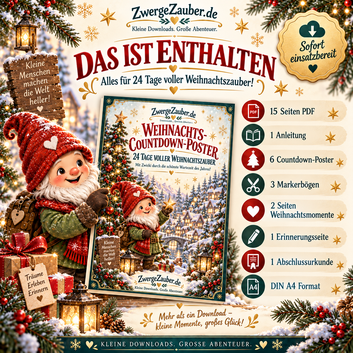 Inhalt des ZwergeZauber Weihnachts-Countdown-Sets: 15 PDF-Seiten mit 6 Postern, 3 Markerbögen, Weihnachtsmomenten und Urkunde.