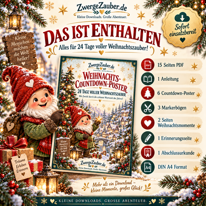 Inhalt des ZwergeZauber Weihnachts-Countdown-Sets: 15 PDF-Seiten mit 6 Postern, 3 Markerbögen, Weihnachtsmomenten und Urkunde.