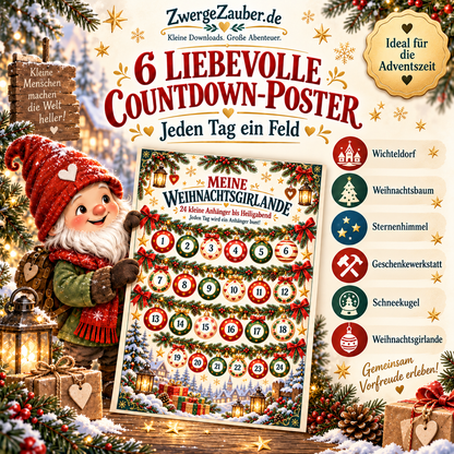 Sechs Weihnachts-Countdown-Poster mit Zwicki: Wichteldorf, Weihnachtsbaum, Sternenhimmel, Geschenkewerkstatt, Schneekugel und Girlande.