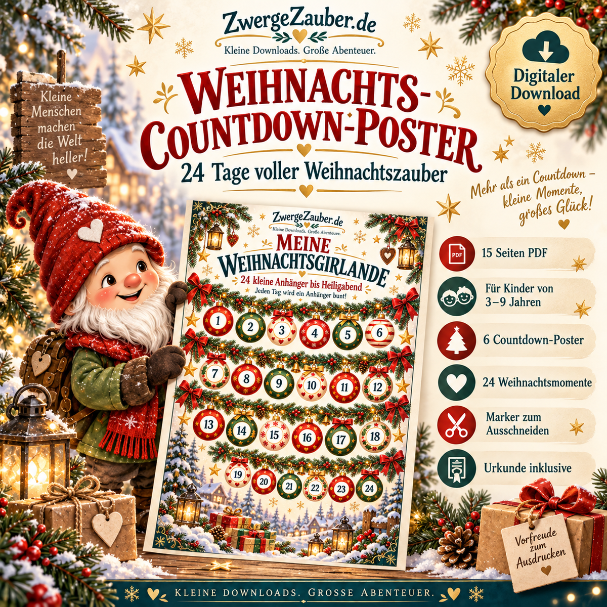 Weihnachts-Countdown-Poster für Kinder von 3 bis 9 Jahren mit Zwicki, 6 Postermotiven, 24 Weihnachtsmomenten und Urkunde als PDF.