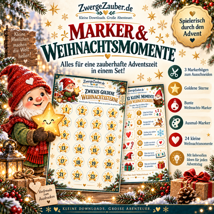 Goldene Stern-Marker zum Ausschneiden und 24 kleine Weihnachtsmomente als Mitmachideen für Kinder in der Adventszeit.