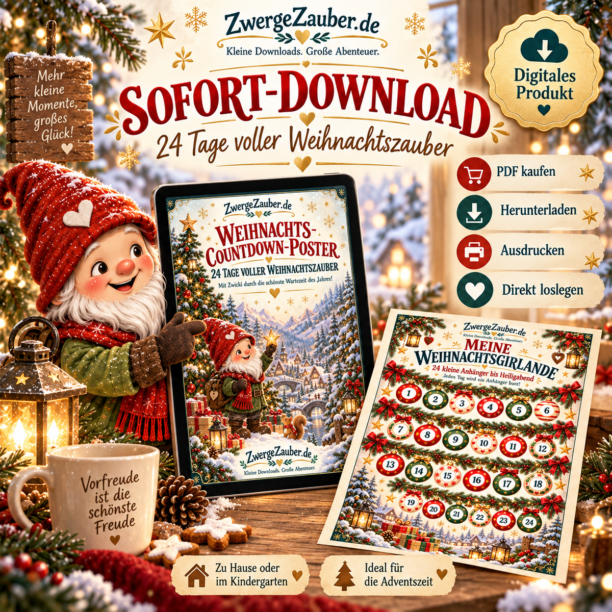 Digitales Weihnachts-Countdown-Poster von ZwergeZauber als PDF zum Herunterladen und Ausdrucken für die Adventszeit.