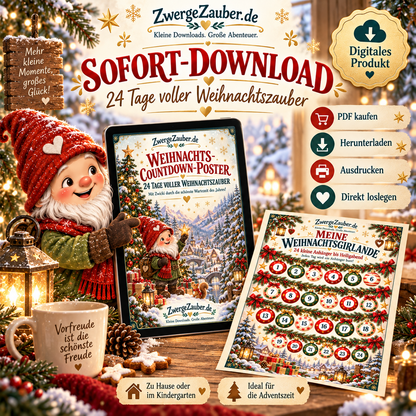 Digitales Weihnachts-Countdown-Poster von ZwergeZauber als PDF zum Herunterladen und Ausdrucken für die Adventszeit.