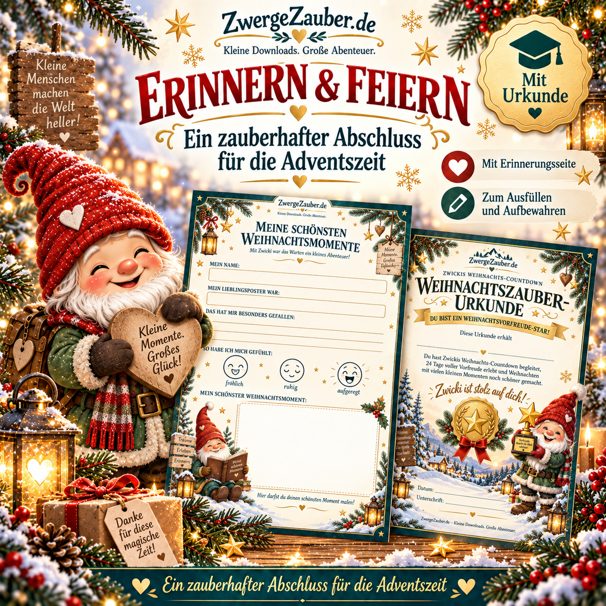 Weihnachts-Erinnerungsseite zum Ausfüllen und festliche Weihnachtszauber-Urkunde mit Zwicki zum Aufbewahren.