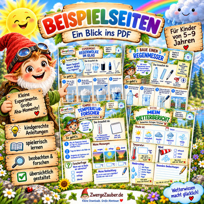 Beispielseiten aus dem Wetterexperimente PDF für Kinder mit Regenmesser, Temperaturforscher, Wetterbericht und Experimenten