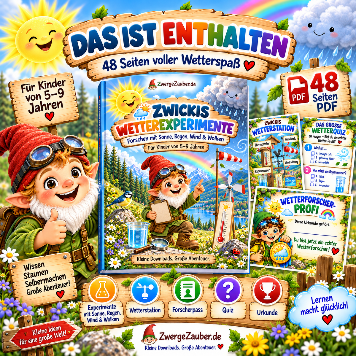 Das ist enthalten in Zwickis Wetterexperimente – 48 Seiten mit Wetterexperimenten, Wetterstation, Forscherpass, Quiz und Urkunde