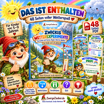 Das ist enthalten in Zwickis Wetterexperimente – 48 Seiten mit Wetterexperimenten, Wetterstation, Forscherpass, Quiz und Urkunde